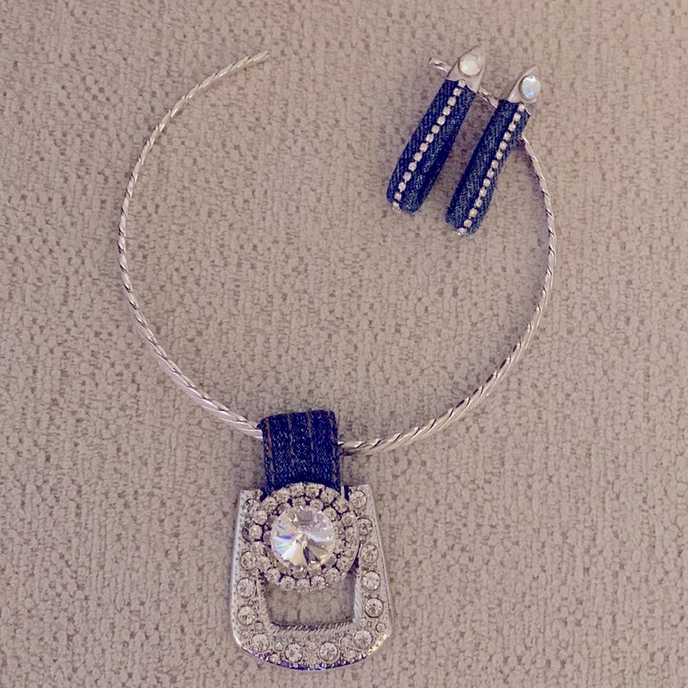 Wester Necklace & Rhinestone Buckle Pendant with Denim and Crystal Earrings